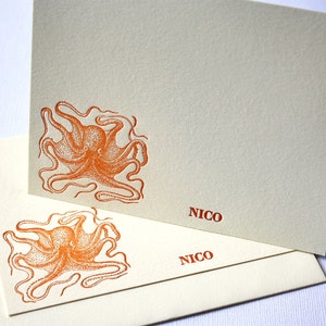 Personalized Letterpress Stationery Octopus Waving Rust image 1