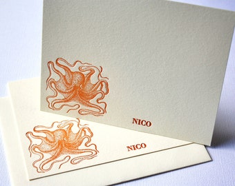 Personalized Letterpress Stationery Octopus Waving Rust