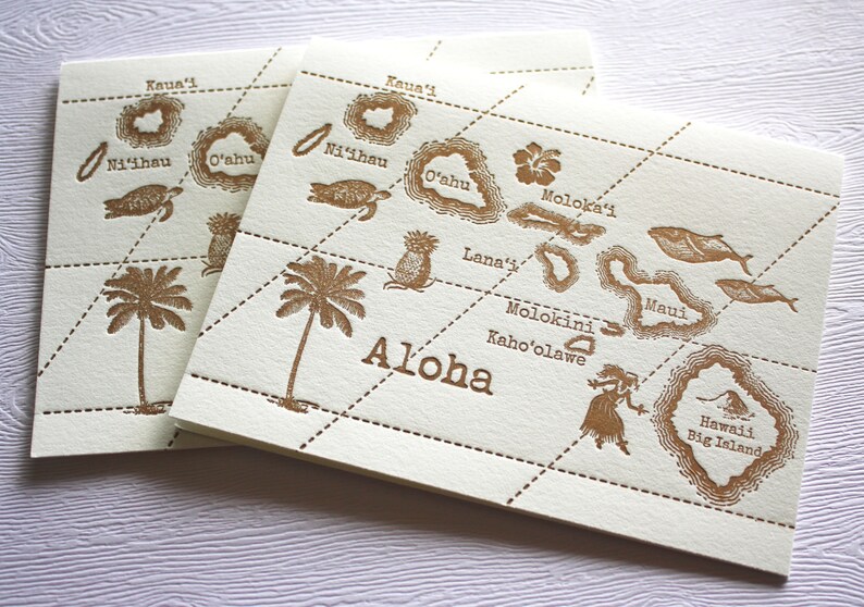 Aloha Hawaii Vintage Map Letterpress Folded Greeting Cards Set Etsy