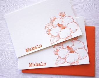 Hibiscus Flower Letterpress Cards with Muslin Sack Aloha Mahalo Orange