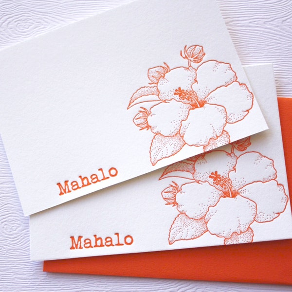 Hibiscus Flower Letterpress Cards with Muslin Sack Aloha Mahalo Orange