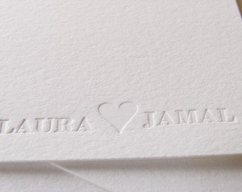 Personalized Wedding Thank You Letterpress Cards Names with Heart  Set 100