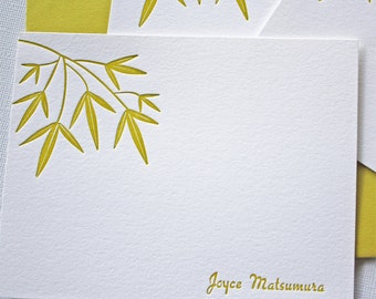 Bamboo Leaves Personalized Letterpress Stationery Golden Green Custom Cards