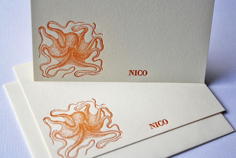 Personalized Letterpress Stationery Octopus Waving Rust image 5