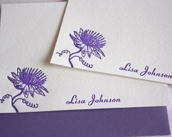 Personalized Letterpress Stationery Passion Fruit  Lilikoi Blossom Card Set Purple