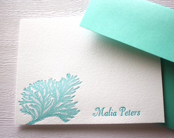 Personalized Letterpress Stationery Ocean Coral Blue