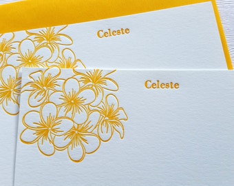 Plumeria Personalized Letterpress Stationery Honey Gold Frangipani Flowers