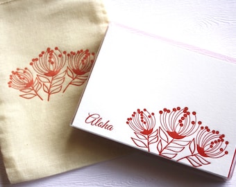 Lehua Blossom Aloha Mahalo Letterpress Cards with Muslin Sack Red