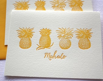 Pineapples Letterpress Cards Hawaii Aloha Mahalo Honey Gold