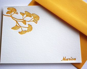 Golden Ginkgo Leaves Personalized Letterpress Stationery Mother's Day Gift