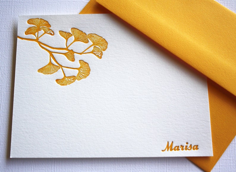 Golden Ginkgo Leaves Personalized Letterpress Stationery Mother's Day Gift image 1