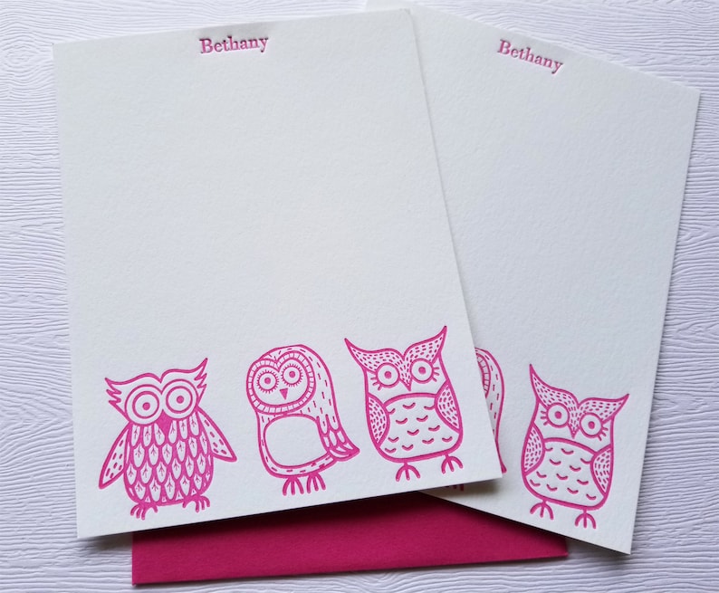 Owls Letterpress Stationery Children Baby Magenta Pink