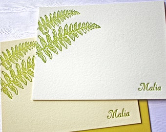 Personalized Letterpress Stationery Fern Kupukupu Script Font Golden Green