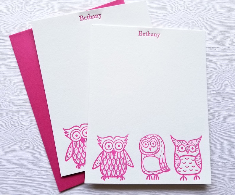 Owls Letterpress Stationery Children Baby Magenta Pink