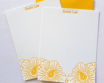 Hibiscus Letterpress Stationery Personalized Honey Gold