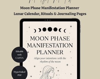 May include: A digital planner titled "Moon Phase Manifestation Planner" with a black tablet design. The planner includes a lunar calendar, rituals, and journaling pages. The design features moon phases, stars, and the text "Manifest your dreams with the power of the moon."