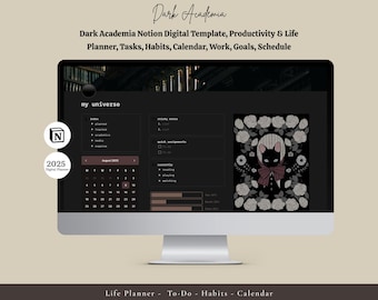 Dark Academia Notion Digital Template, Productivity & Life Planner, Tasks, Habits, Calendar, Work, Goals, Schedule