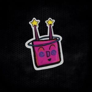 May include: A whimsical sticker featuring a cartoon-style pink top hat with a smiling face and spiral eyes. Two purple wands with yellow star tips extend from the hat, and a blue halo surrounds it. The sticker is outlined in white.