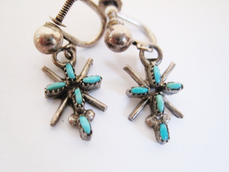 Native American Sterling Silver and Turquoise Screw Back Earrings Vintage Petite Point Small Cross Earrings