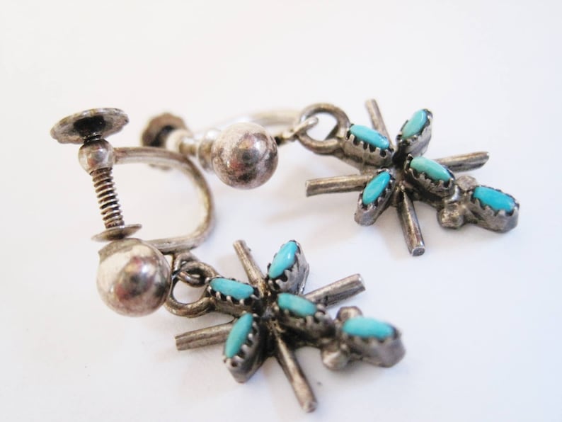 Native American Sterling Silver and Turquoise Screw Back Earrings Vintage Petite Point Small Cross Earrings