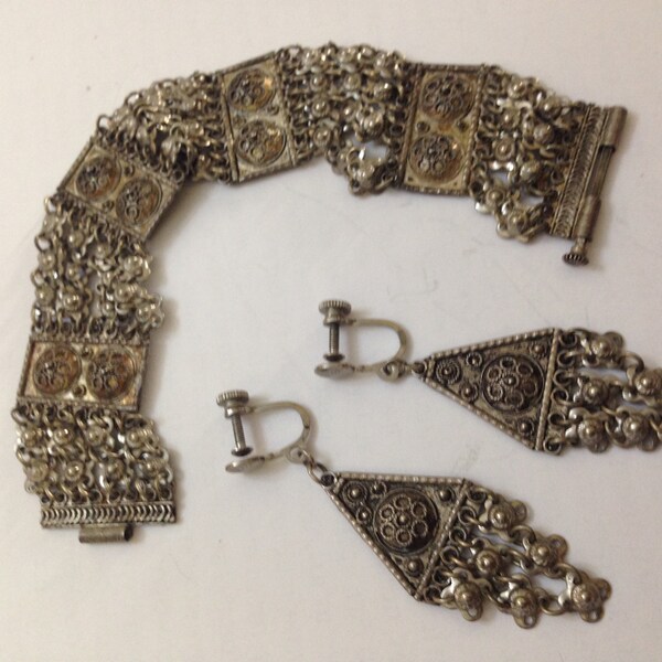 Vintage Middle Eastern Silver Filigree Bracelet and Earrings Set Made in Israel