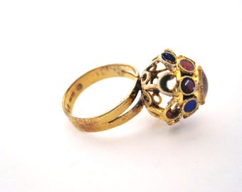 Vintage Chinese Export Gold Gilt Silver and Amethyst Enamel Ring Size 8.5