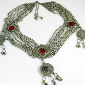 Vintage Bedouin Statement Bib Necklace with Saudi Coins Chains and Red Glass
