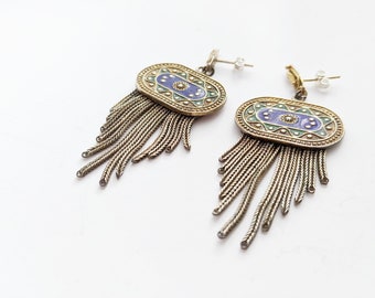 Vintage Turkish Enamel and Mesh Silver Tassel Earrings for Pierced Ears