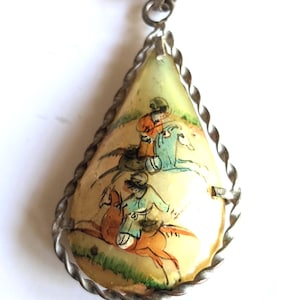 Vintage Hand Painted Mother of Pearl Pendant with Silver Border and Chain