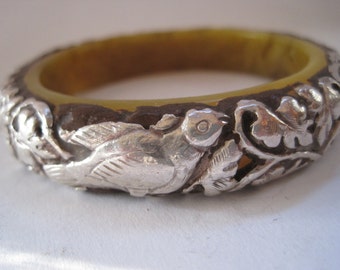 Vintage Nepali Silver Bangle: Animal Overlay, Yellow Resin Bracelet