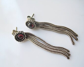 Silver Tassel Earrings with Garnet