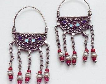 Silver Uzbek Style Earrings with Pearl Dangles