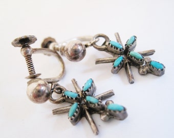 Silver and Turquoise Cross Earrings with Screw Back