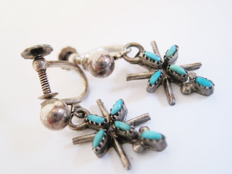 Native American Sterling Silver and Turquoise Screw Back Earrings Vintage Petite Point Small Cross Earrings