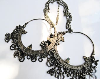 Antique Silver Large Hoop Tribal Indian Earrings with Chain Headdress Set
