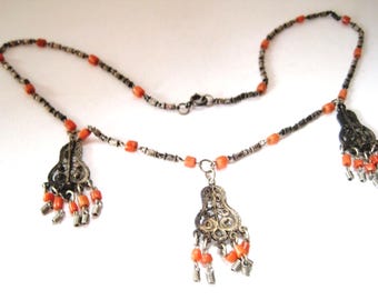 Dainty Choker Vintage Middle East Ethnic Silver Filigree and Coral Choker Necklace