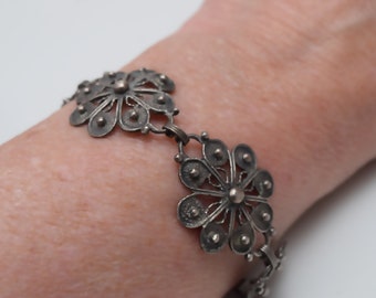 Vintage Sterling Mexican Bracelet with Filigree Flower Links For Small Wrist