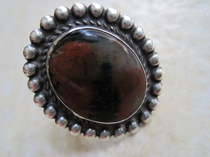 Vintage Southwestern Petrified Wood Ring Size 5 and Half Silver and Picture Agate