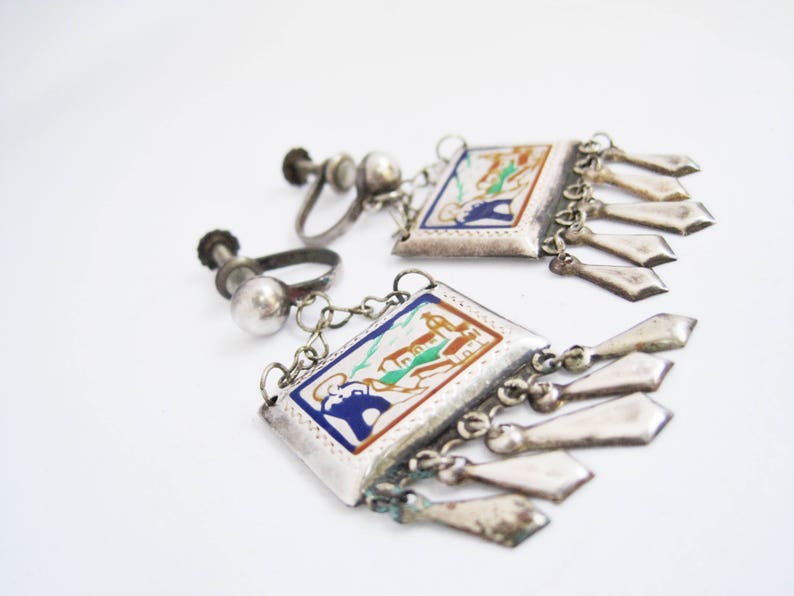 Sterling Silver and Enamel Early Mexican Earrings Screw Back Earrings