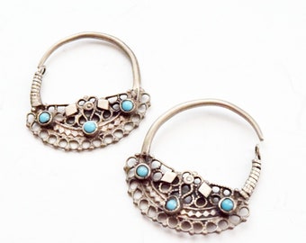 Vintage Silver Pashtun Earrings with Blue Stones