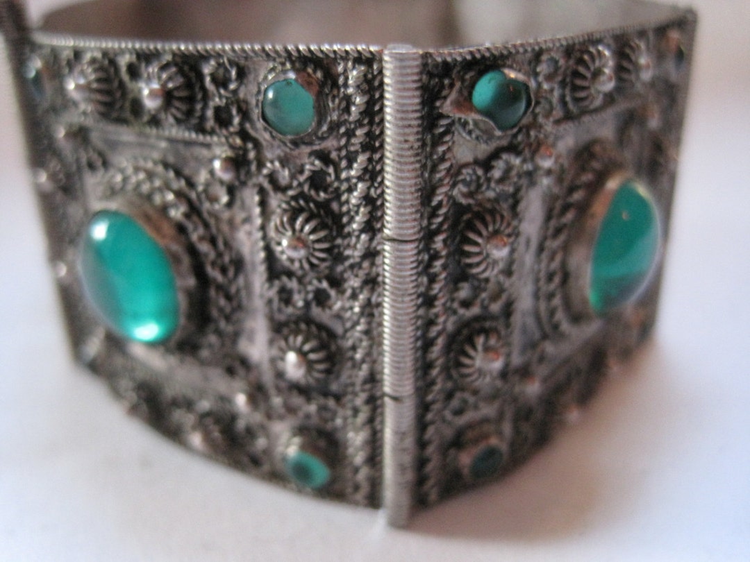 Vintage Art Deco Turkish Silver and Green Glass Panel Bracelet - Etsy