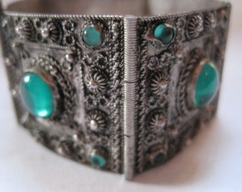 Vintage Art Deco Turkish Silver and Green Glass Panel Bracelet