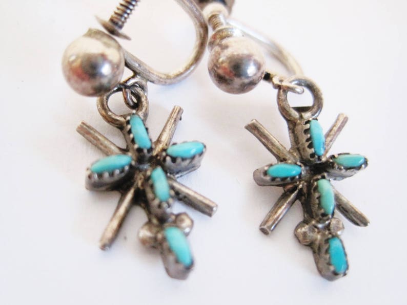 Native American Sterling Silver and Turquoise Screw Back Earrings Vintage Petite Point Small Cross Earrings
