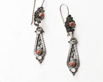 Vintage Algerian Silver Hoop Earrings with Coral Worn by Kabyle Beni Yenni