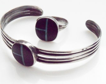 Native American Bracelet and Ring Set with Turquoise and Ironwood Inlay