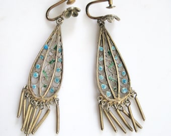 Art Deco Silver Filigree and Enamel European Fringe Screw Back Earrings