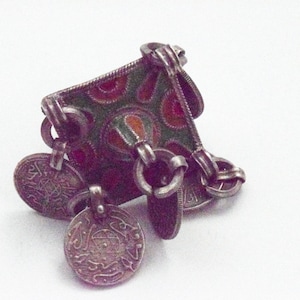 Vintage Moroccan Silver and Enamel Ring from Tiznit with Coin Pendants