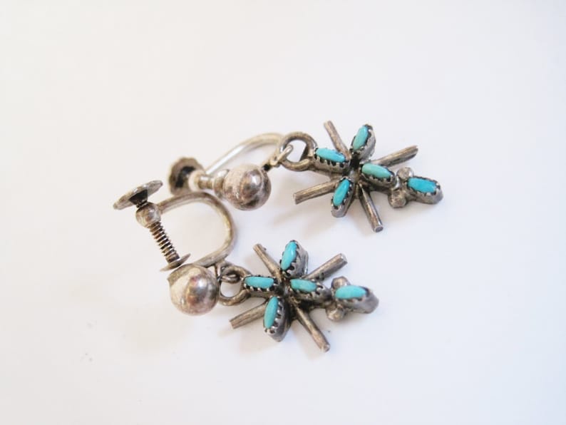 Native American Sterling Silver and Turquoise Screw Back Earrings Vintage Petite Point Small Cross Earrings
