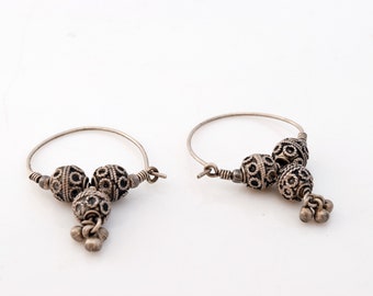 Vintage Silver Indian Hoop Earrings With Hand Made Beads