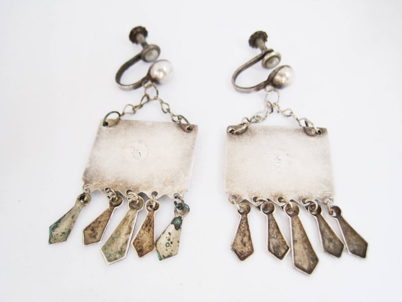 Sterling Silver and Enamel Early Mexican Earrings Screw Back Earrings